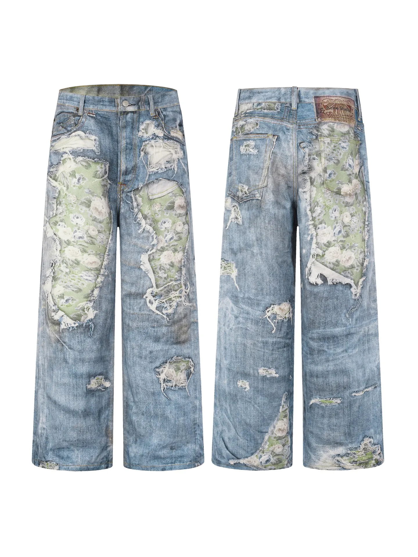 Acne Studios M ripped rose print trousers This season is guided by "multi-faceted self-perception" and deconstructs and reorganizes the core element of the rose. This pair of M jeans abandons the traditional flat embroidery and adopts a highly saturated broken rose oil painting print. It combines splash ink and mud-dyed textures to reconstruct a strong visual art on the denim surface, using the brand's iconic Trompe Loeil's trompe l'oeil printing technology "prints" roses on the trousers. From a distance, it looks like a three-dimensional superposition and peeling oil painting texture. From a closer look, you can feel the original fabric texture of denim, achieving a balance between visual thickness and lightweight wearing. It uses low-elastic brushed denim fabric (to make it easier to wear). Good support for 3D printed three-dimensional effect), with Classic five-pocket structure, button placket and leather back brand logo, mid-low-rise straight trousers, and the upper body has a Nordic Retro and high-street lazy atmosphere. It is a core item for summer layering, Citywalk and street style. Size: S-XL